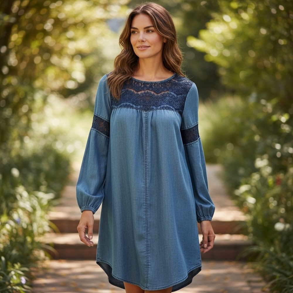 Standards & Practices Shelby Shift Dress‎ Chambray Denim XS Blue Lace Casual